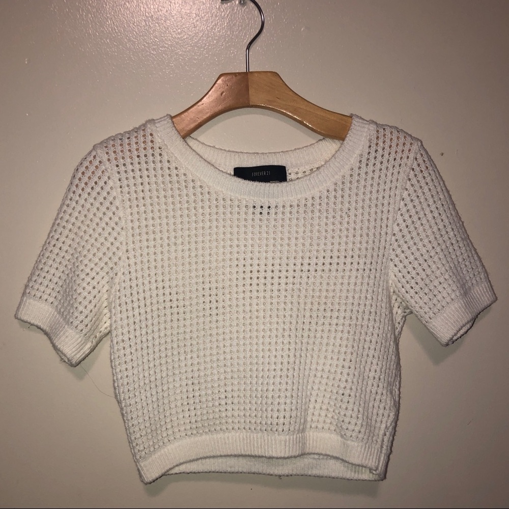 white cropped short sleeve sweater